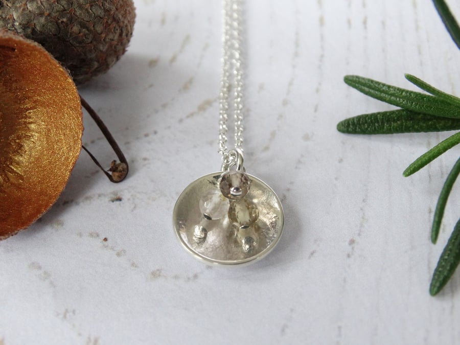 Eco Silver domed disc pendant with micro gemstones - fully hallmarked