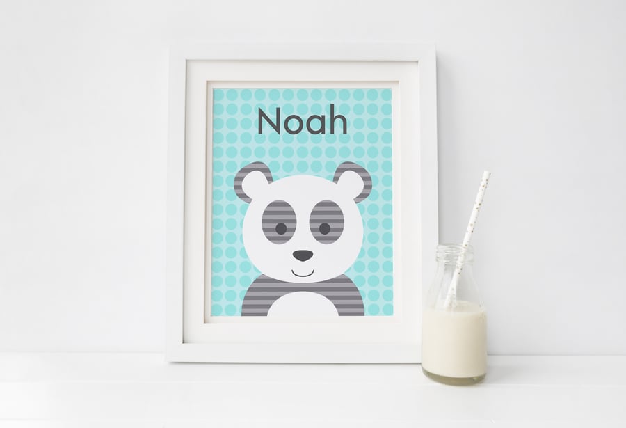 Panda Personalised Print, Childrens Wall Art, Boys and Girls Nursery Decor