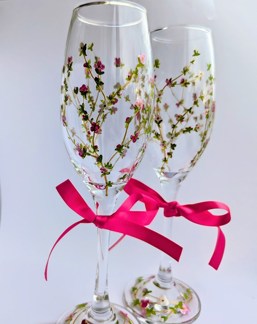 Bespoke Hand Painted Champagne Flutes: Cherry Blossom
