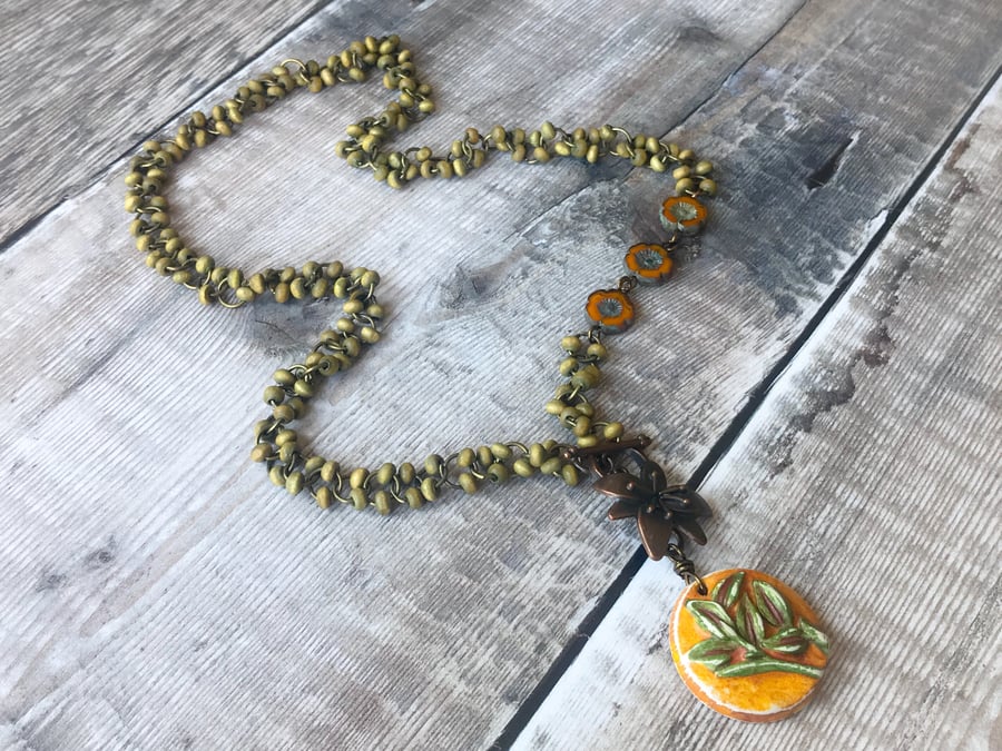 Rustic Leaf Necklace. Yellow & Green Necklace. Nature Inspired Woodland Necklace