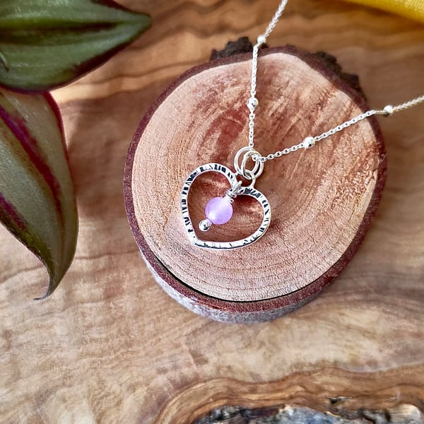 Small Sterling Silver Hammered Heart with Lilac Jade Gemstone
