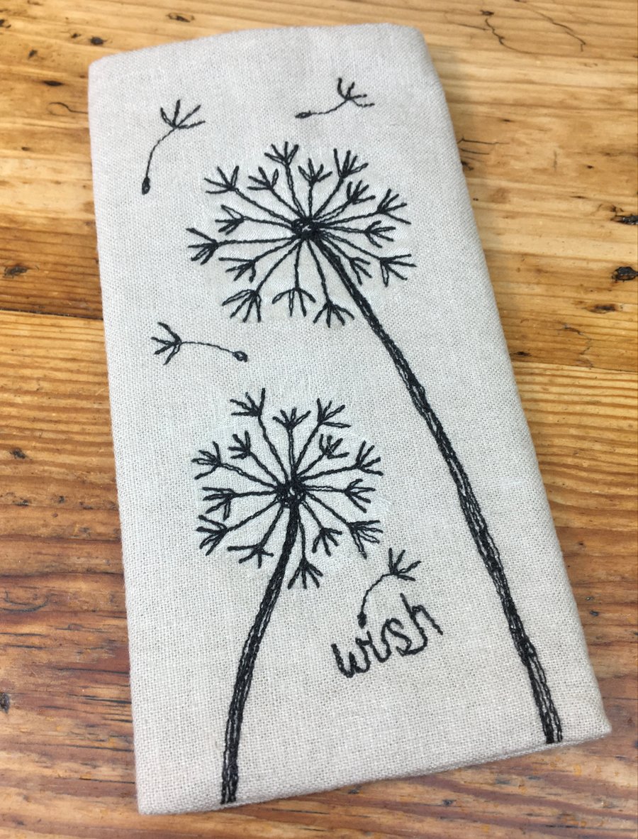 Glasses case - Dandelion flower embroidered- Dandelion wishes linen fabric case