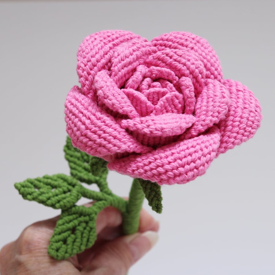 Single stem rose, macrame rose, pink rose flower