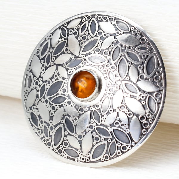 Handmade Sterling Silver Brooch, Leaf Pattern, 8mm Amber Stone, Nature