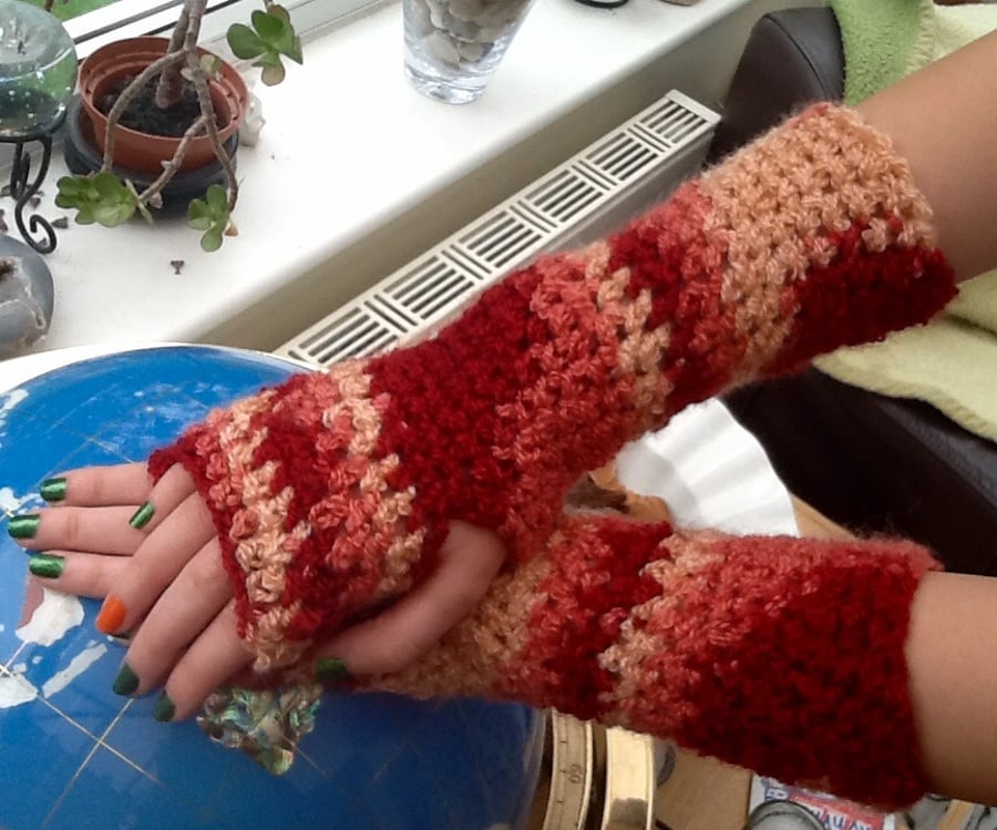 Russet Chunky Long Length Gauntlet Style Crocheted Fingerless Mittens