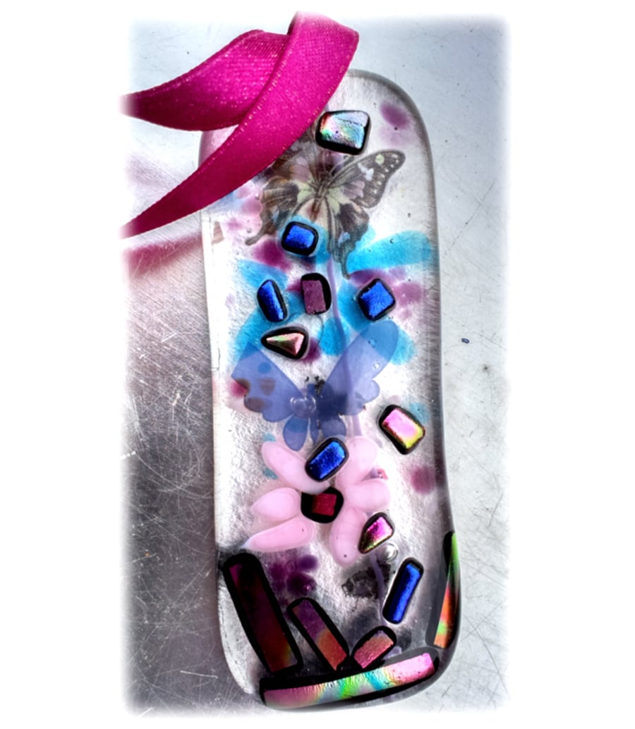 Fused Glass Art Lghtcatcher Pop 008 Pink Butterflies Dichroic