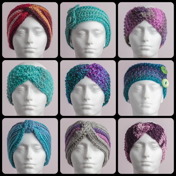  Headband Earwarmer handmade textured with front twist crocheted turquoise