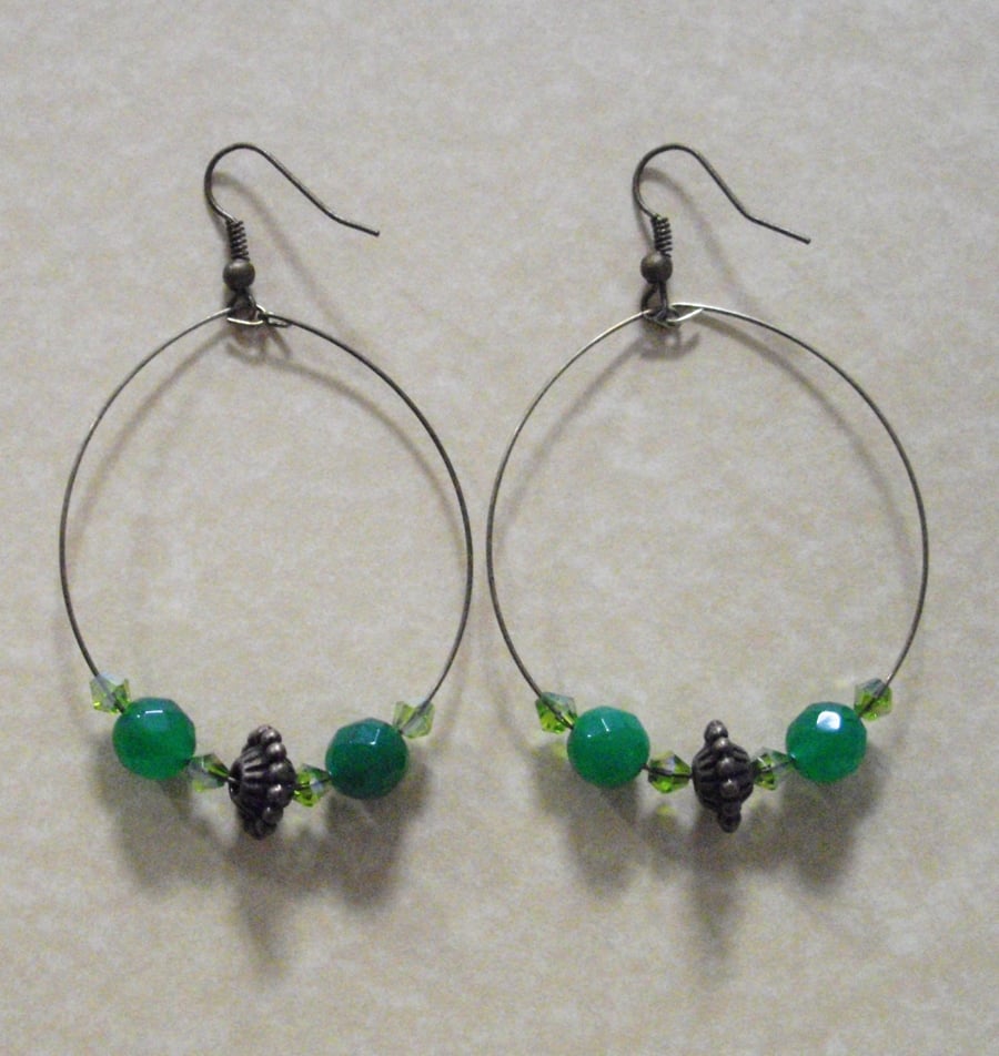 Aventurine Green Gemstone Bronze Tone Hoop Earrings - UK Free Post