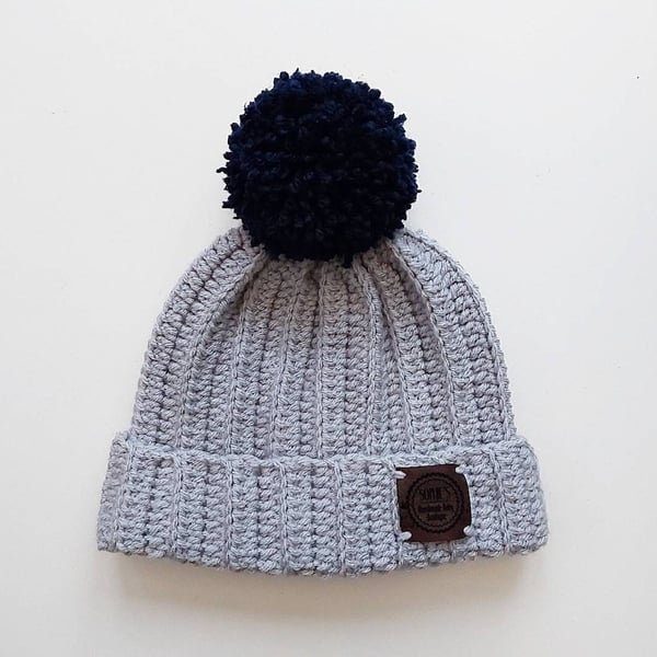 2-4 years toddler grey and navy blue winter hat beanie, grey 2 year old hat, gre
