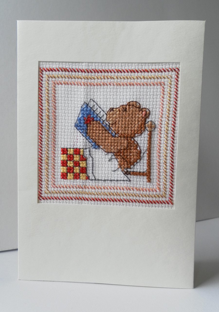 Hand sewn card, bear reading in bed, cross stitch, birthday, new baby, get well 