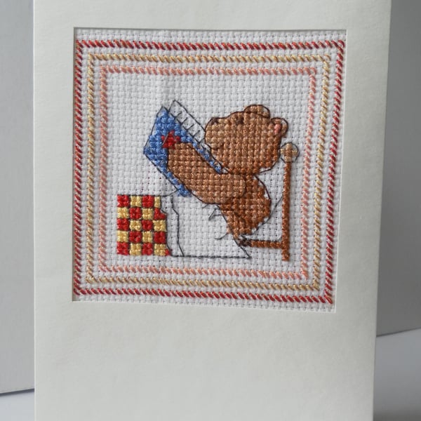 Hand sewn card, bear reading in bed, cross stitch, birthday, new baby, get well 