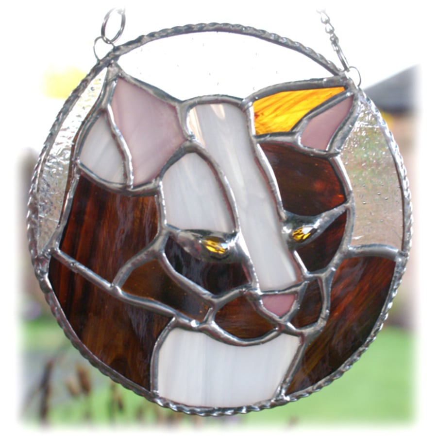 Cat Suncatcher Stained Glass Ring Brown and White