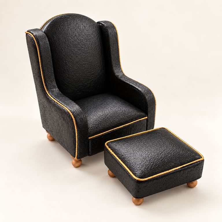 Hand-Finished Black & Gold Dollhouse Armchair with Footstool – 1:12 Scale
