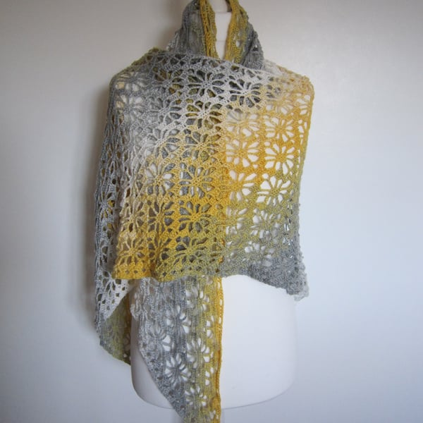 Ladies White, Grey and Yellow Shawl, Crochet, Summer Shawl, Ladies Gift Idea