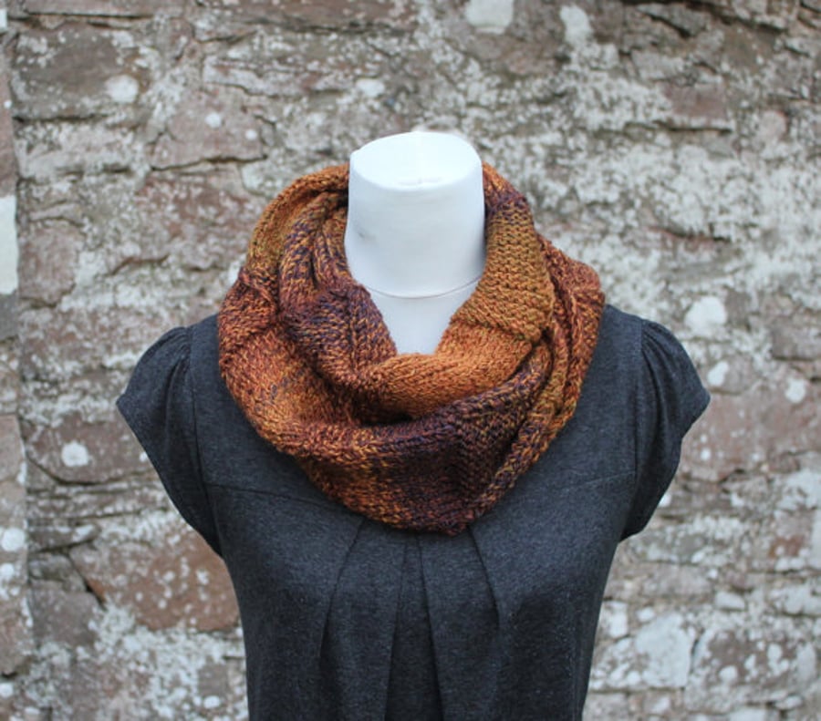 Womens scarf snood, brown neckwear, gift guide, knitwear UK, vegan 