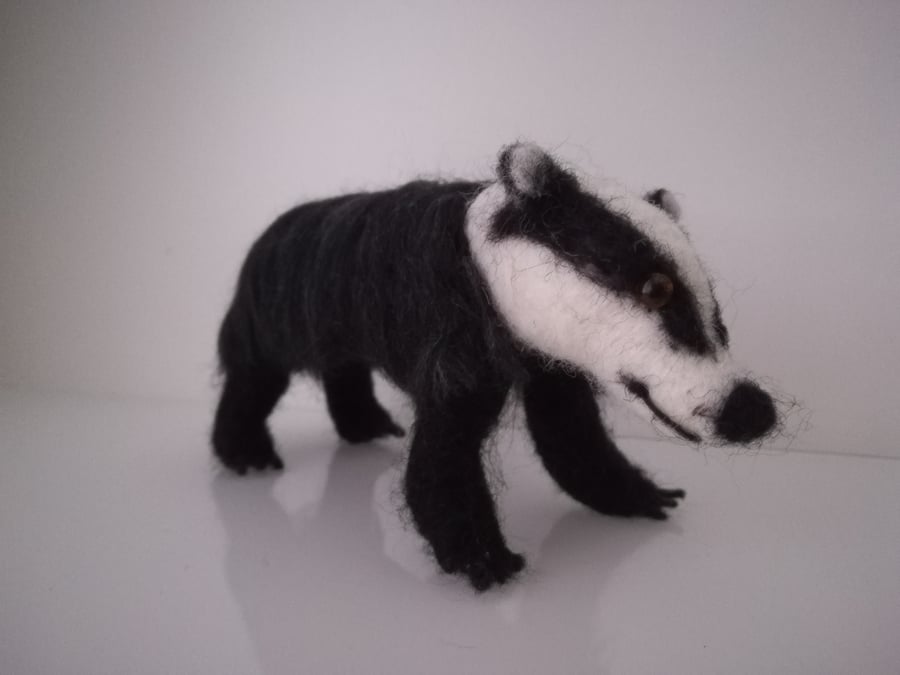 Badger, needle felted, wool, sculpture. 