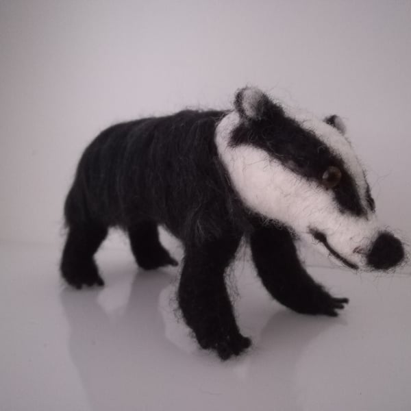 Badger, needle felted, wool, sculpture. 