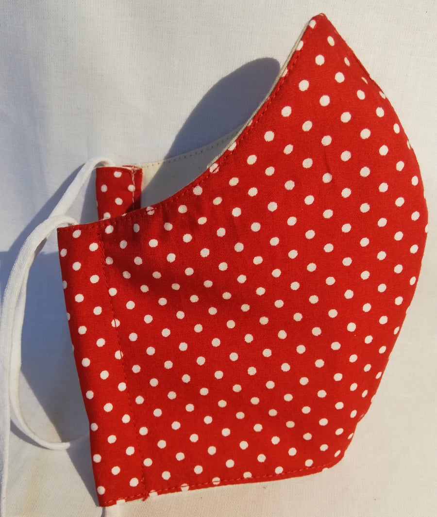 Face mask reusable triple layer 100% cotton bright red with white spots