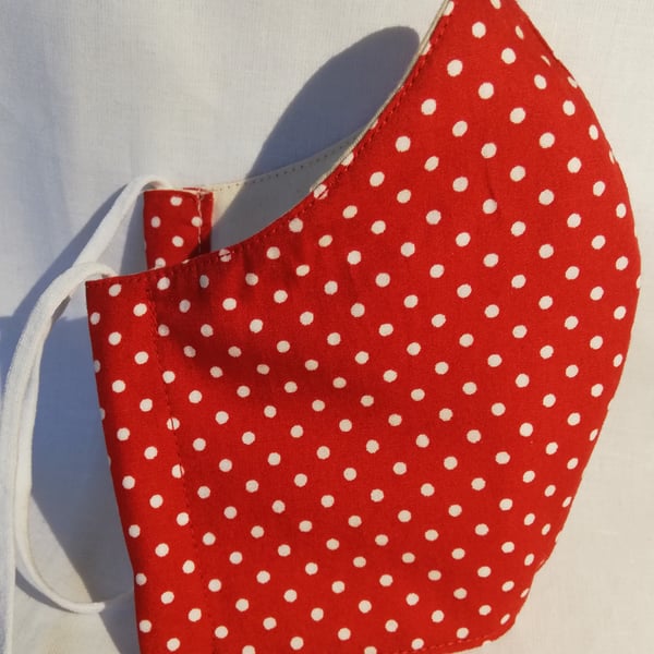 Face mask reusable triple layer 100% cotton bright red with white spots