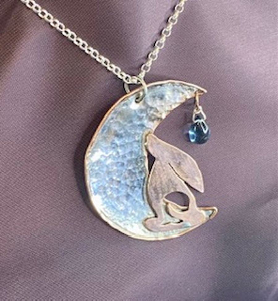 Silver and Copper Moon Gazing Hare pendant