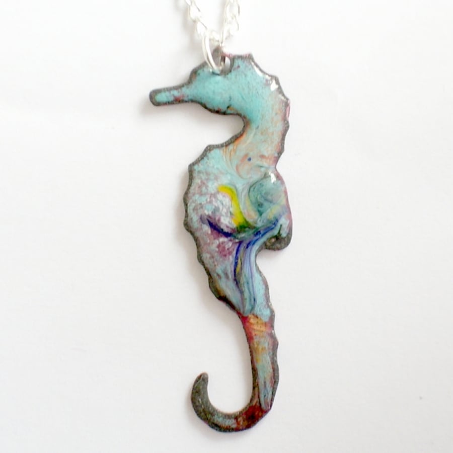 Pendant - seahorse scrolled blue, gold, orchid, on turquoise over clear enamel