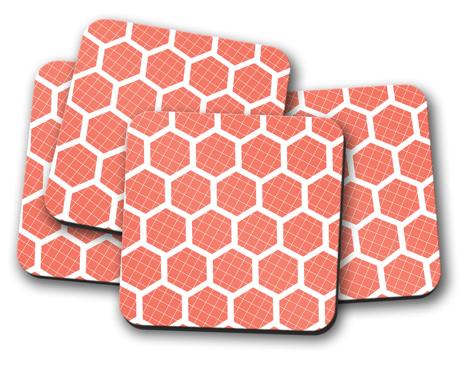 Set of 4 Orange Coasters with a White Hexagon Geometric Design, Drinks Mat
