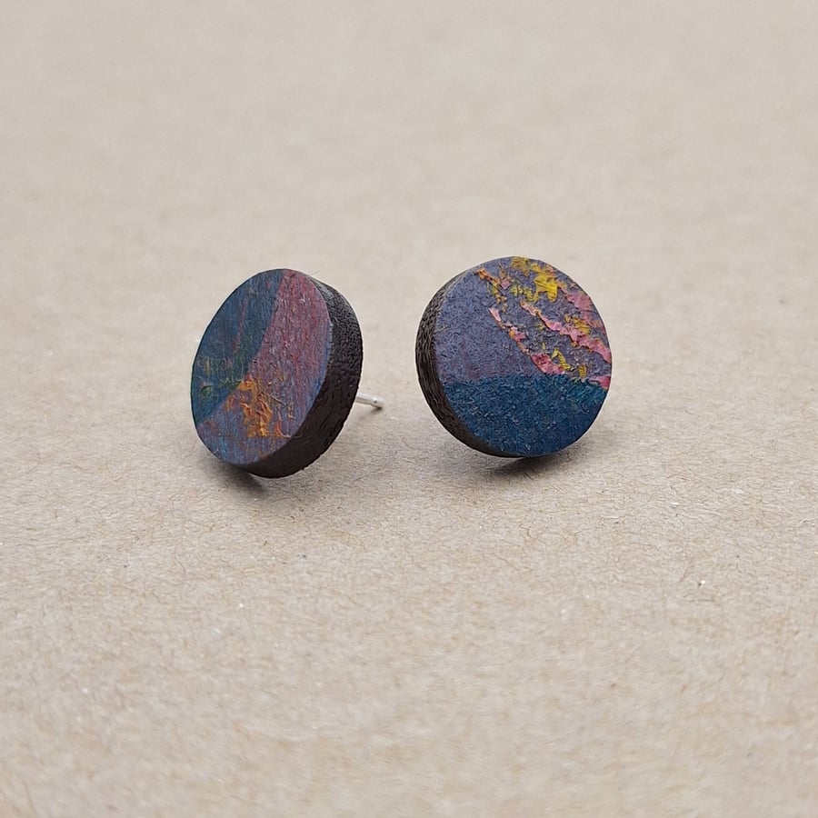 Hand printed wooden stud earrings with sterling silver backs