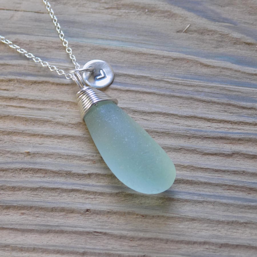 Sea glass wire wrapped pendant with tiny heart charm
