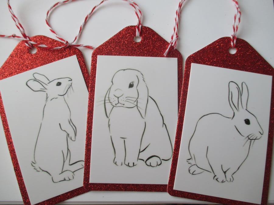 Christmas Gift Tag Bunny Rabbit Line Drawing Red Glitter x 3