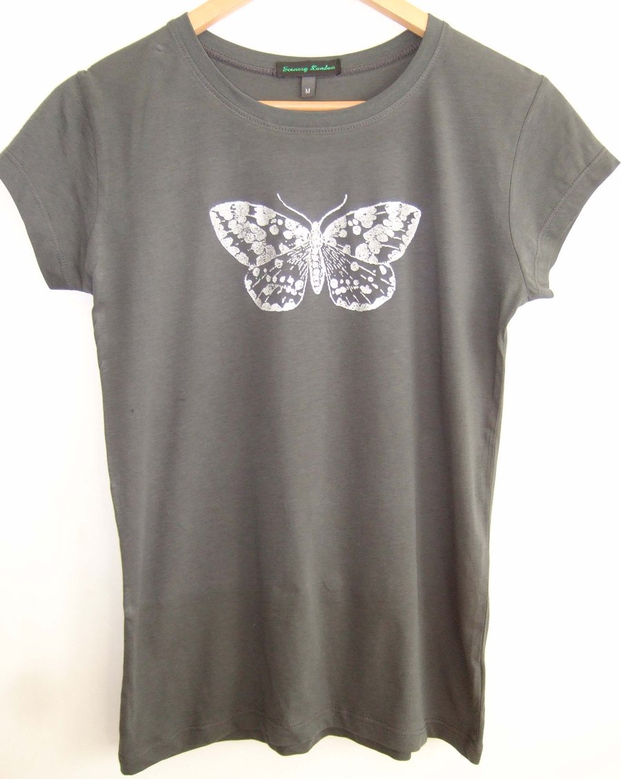  Silver Moth Womens  printed cotton fine jersey T shirt charcoal grey and silver