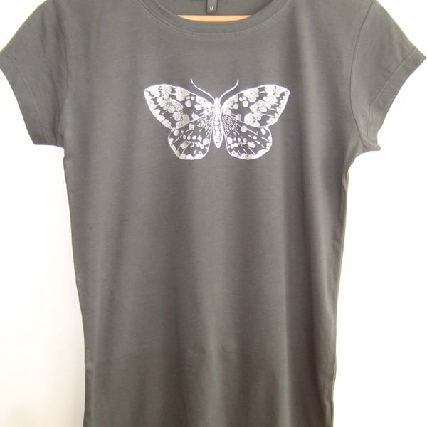  Silver Moth Womens  printed cotton fine jersey T shirt charcoal grey and silver