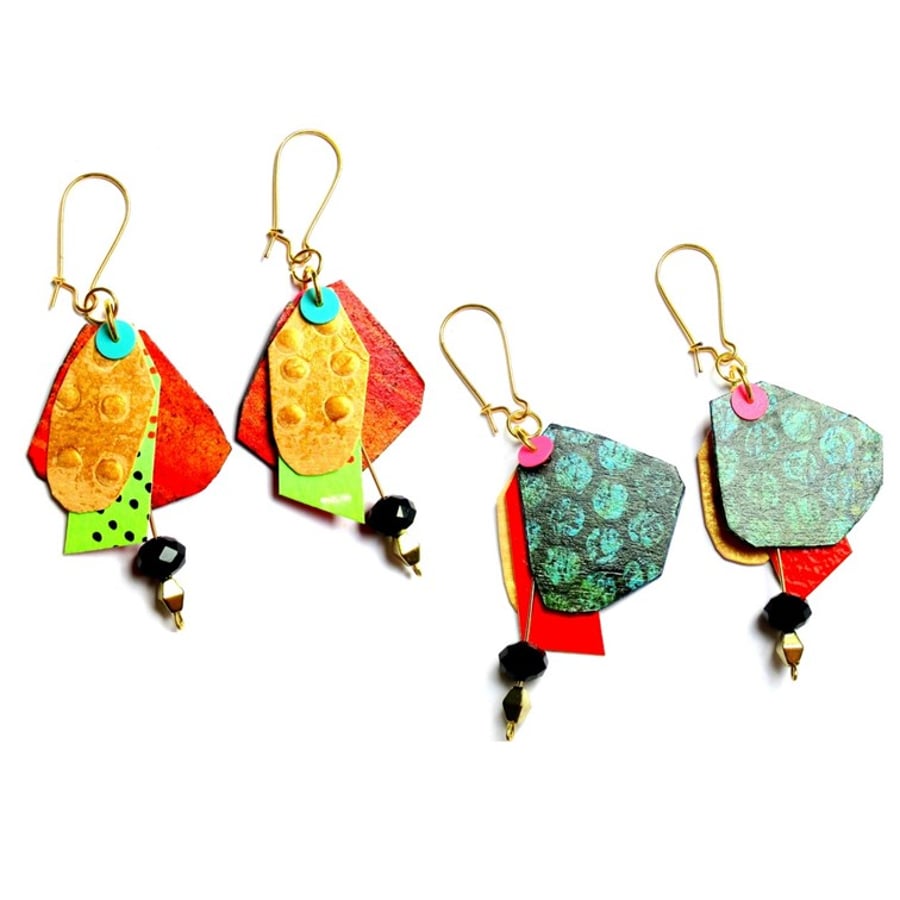 Reversible Earrings Hand Painted Green Spots Colourful Artisan Statement Jewelry