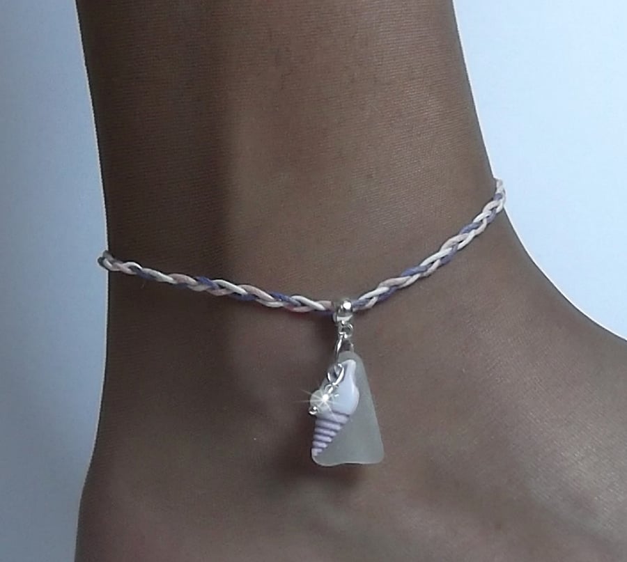 Sea glass anklet. Lavender shell ankle bracelet. Sea glass jewellery.