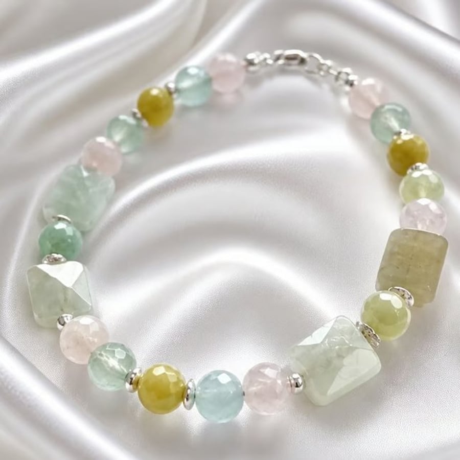 Sterling Silver Multi Beryl Gemstone Bracelet, Pastel Summer Jewellery