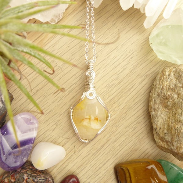 Wire Wrapped Citrine Pendant, Yellow Crystal in Silver Plated Wire