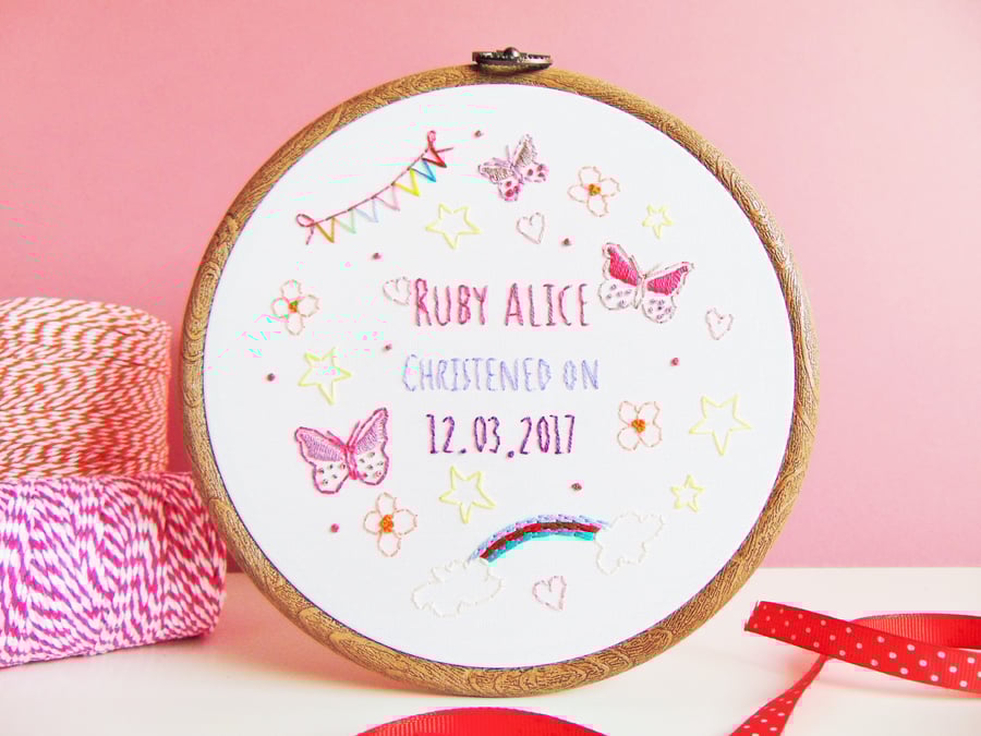 Personalised Girls Christening Gift, Hand Embroidered Hoop, Gift From Godparent 