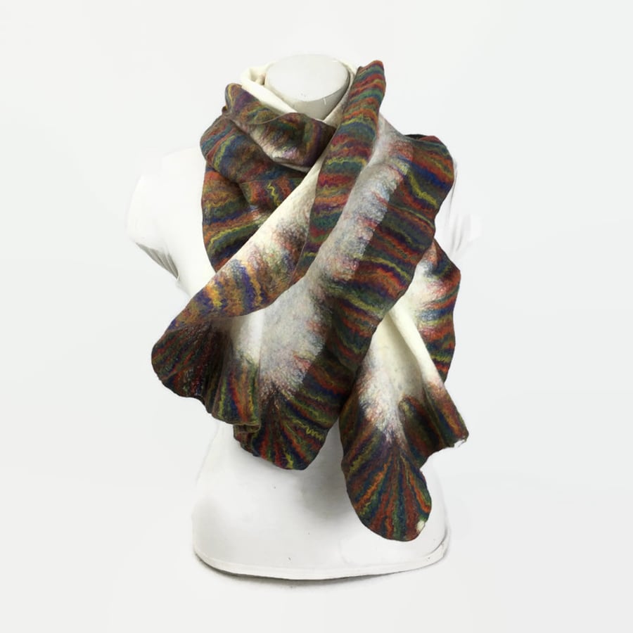 White merino wool nuno felted scarf with rainbow ruffled border