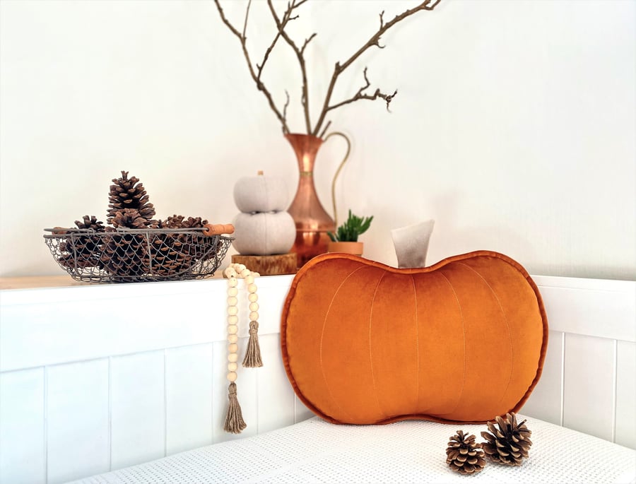 Velvet Rust Pumpkin Cushion Autumn Fall Halloween Thanksgiving Orange Pillow
