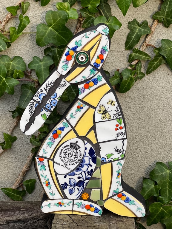 Mosaic Moon Gazing Hare, Made with Vintage china, Ceramic Mosaic Art