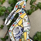 Mosaic Moon Gazing Hare, Made with Vintage china, Ceramic Mosaic Art