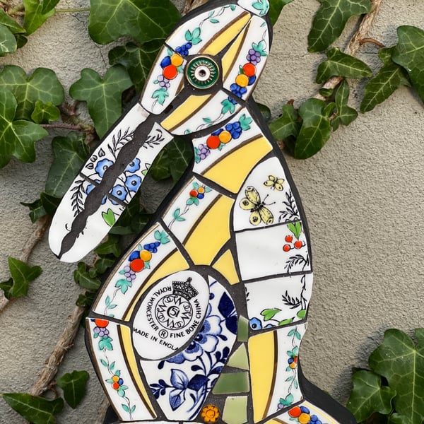 Mosaic Moon Gazing Hare, Made with Vintage china, Ceramic Mosaic Art