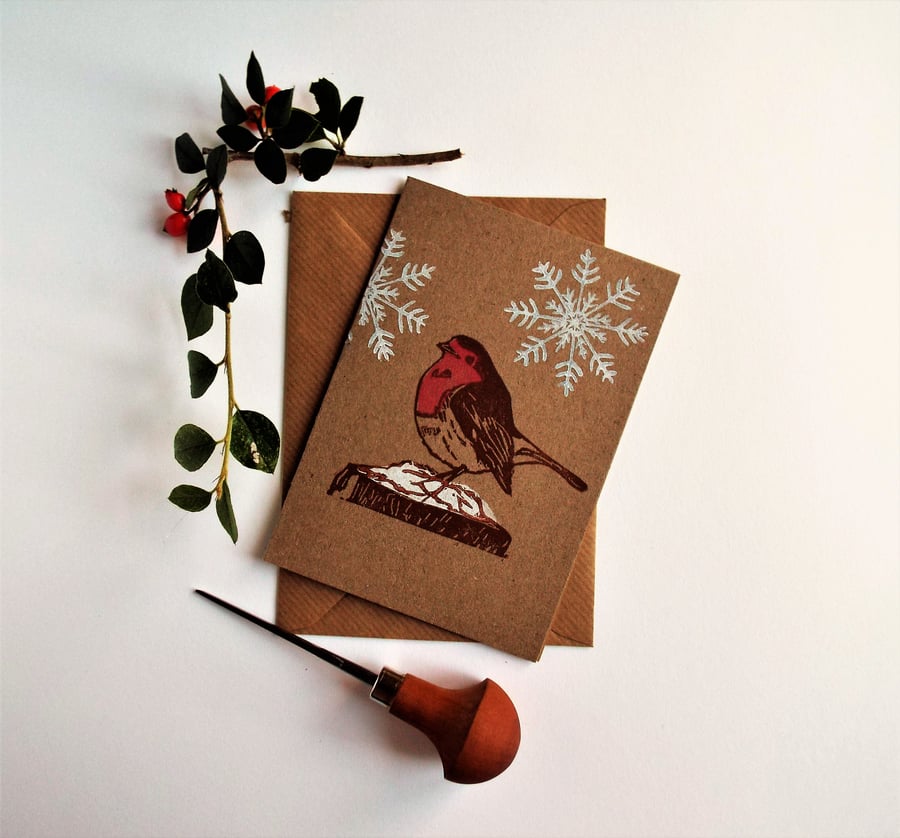 Lino printed Robin Christmas card