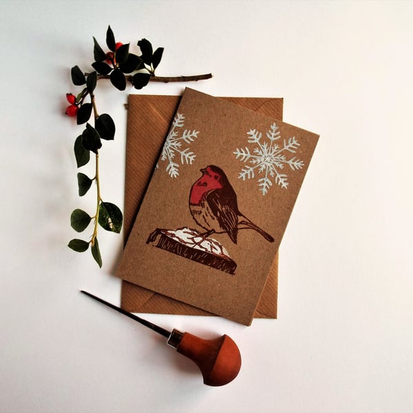 Lino printed Robin Christmas card
