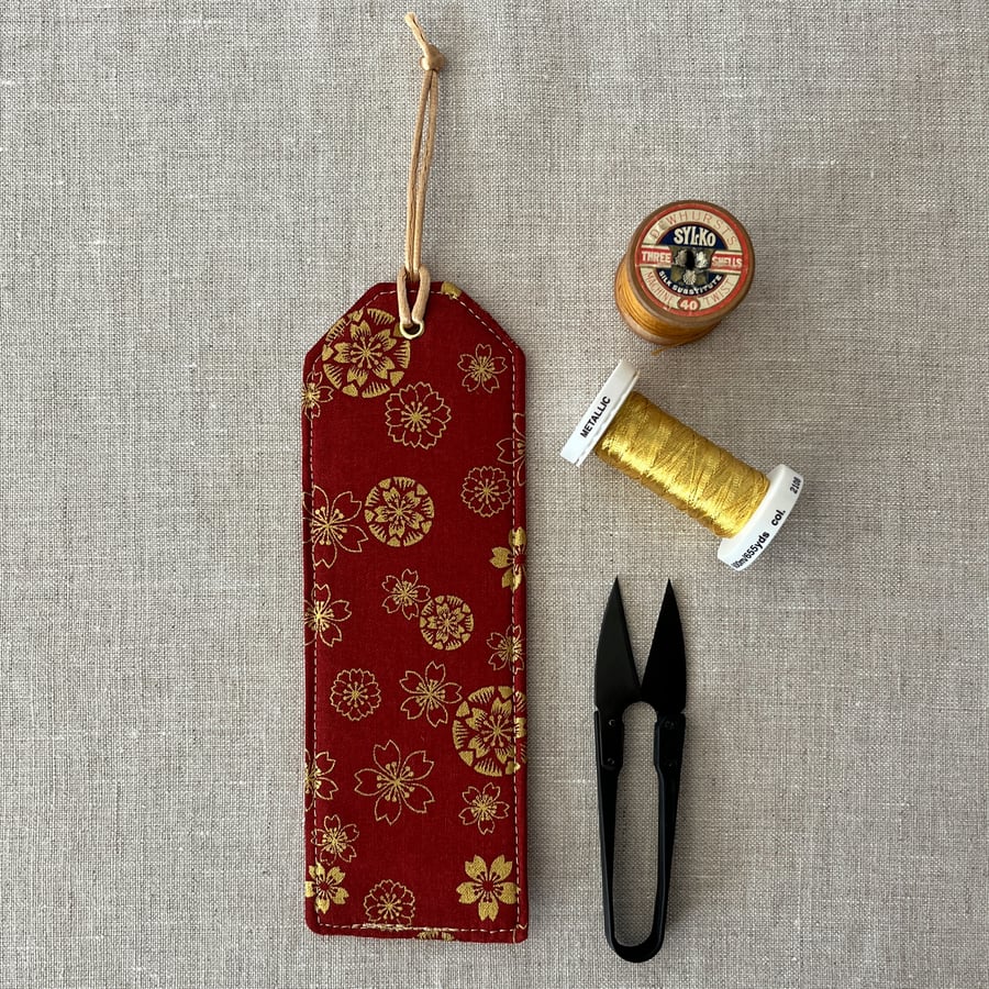 Bookmarks Japanese Fabric Red with Gold Blossoms Flowers