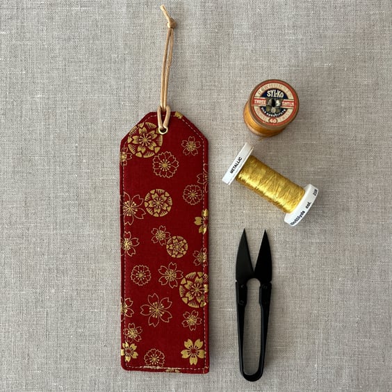 Bookmarks Japanese Fabric Red with Gold Blossoms Flowers