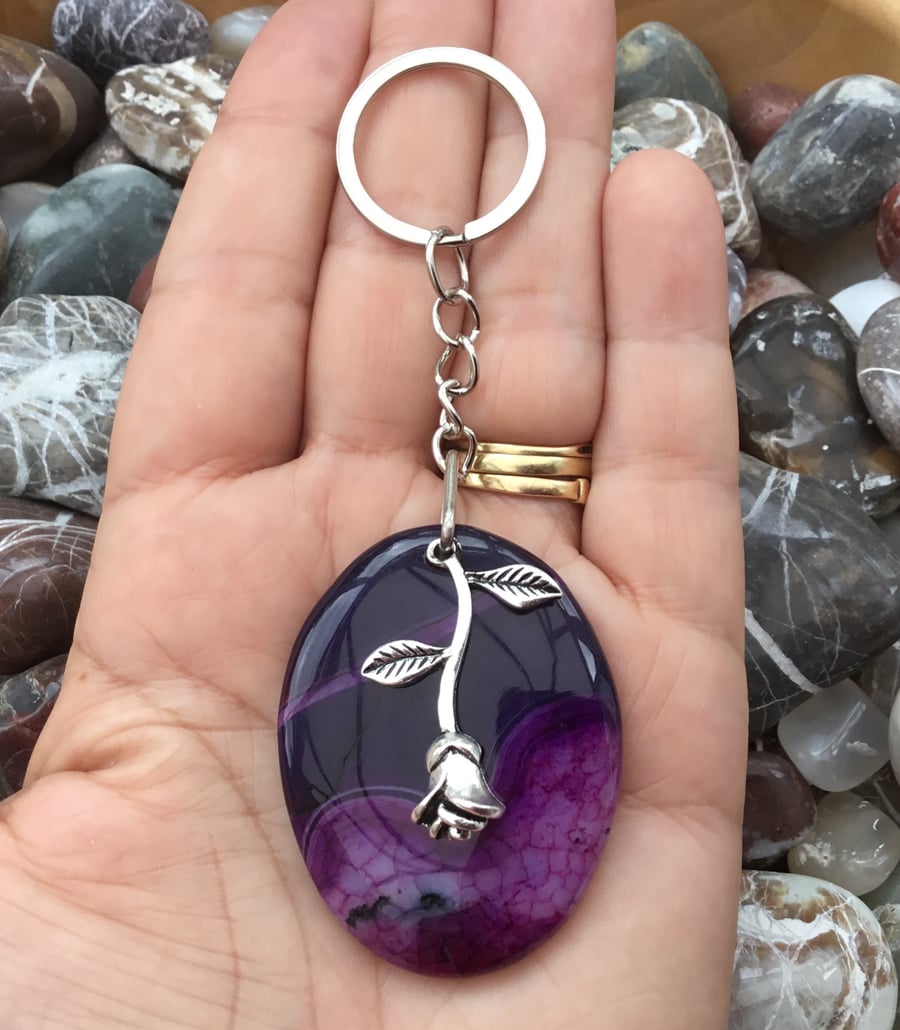 Purple Rose!  Romantic Purple Fancy Agate Gemstone Keyring with 3D Rose Charm 