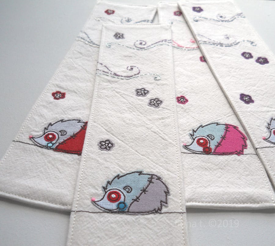 lilac free machine & hand embroidered hedgehog fabric bookmark