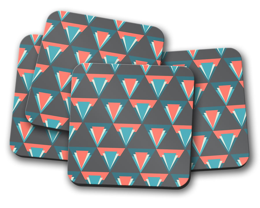 Set of 4 Grey Coasters with a Coral and Blue Art Deco Design, Drinks Mat