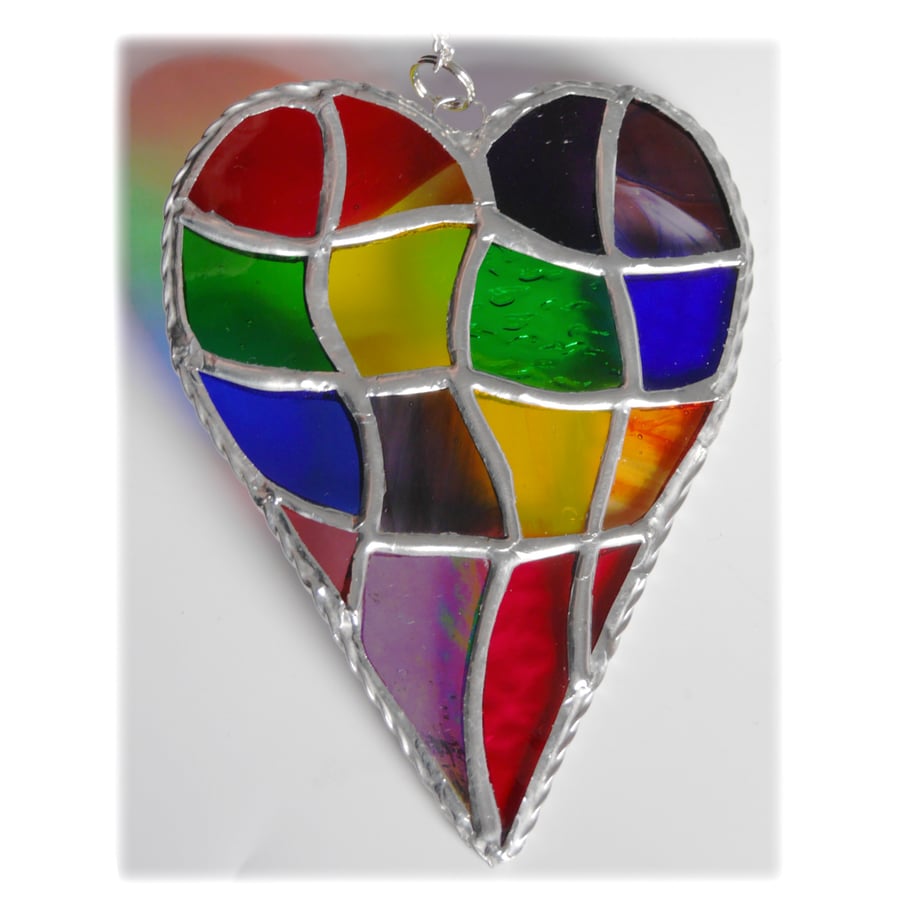 Patchwork Heart Suncatcher Stained Glass Handmade Rainbow 033