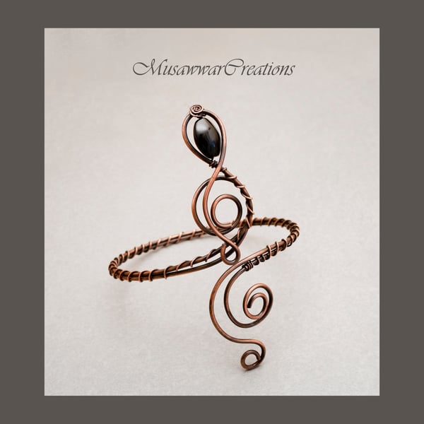 Swirl Antique copper upper arm cuff ,bracelet, black onyx Armlet Wire wrapped co